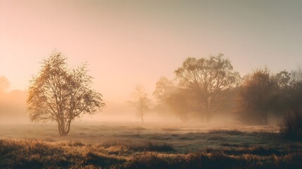 Misty Morning Landscape - Serene Trees and Golden Sunlight in Natures Embrace.