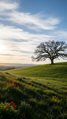 Fototapeta premium Bare Tree on Green Hill with Wildflowers at Sunset