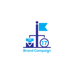Obraz premium Brand Campaign Icon with Flag, Email and Date, Flat Blue Marketing Strategy Simple Logo Design Isolated on White Background