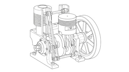 Obraz premium Stirling Engine Line Art Technical Drawing Showing Flywheel and Piston Assembly