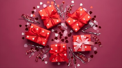 A vibrant arrangement of festive red gift boxes adorned with elegant ribbons and heart confetti, perfect for celebrating love, anniversaries, or special occasions