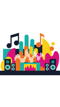 Speakers and abstract shapes represent a vibrant music and sound experience.