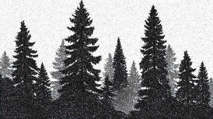 Obraz premium Monochrome Forest Scene - Majestic Evergreen Trees Silhouetted Against a Cloudy Sky.