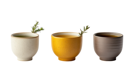 Three Japanese Winter Beverages with Hojicha, Sencha, and Warm Amazake on transparent background