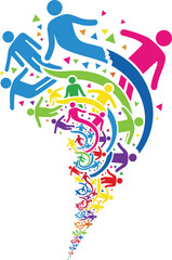 Obraz premium Colorful, spiral, human, figures, motion, teamwork, diversity, celebration, vortex, dynamic, abstract, energy, confetti, vibrant, illustration, community, growth, unity, perspective, design