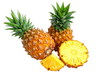 Group of fresh, golden pineapples with leaves and a cross-section against a black background