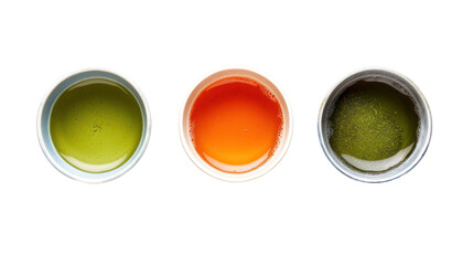 Three Japanese Winter Drinks Arranged Symmetrically with Green Tea on transparent background
