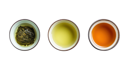 Three Japanese Winter Drinks Arranged Symmetrically with Green Tea on transparent background
