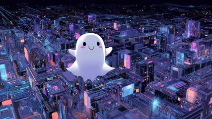 Digital ghost travels through a colorful neon cityscape at night, exploring glowing buildings and vibrant lights