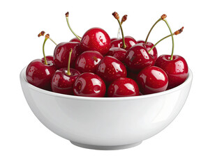 A white bowl overflows with shiny, ripe, red fruit, stems visible against a black backdrop