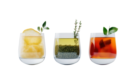 Three Japanese Winter Drinks with Genmaicha, Ginger Tea, and Warm Sake on transparent background