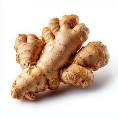 A high-resolution studio shot of a fresh, intact piece of ginger root. The ginger has a light brown, slightly textured skin with visible nodes and an organic, knobbly shape. 