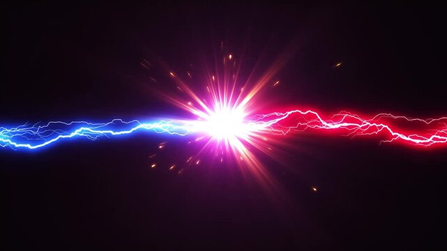 赤色と青色の電撃が対立してバチバチぶつかる稲妻のエフェクトの動画
