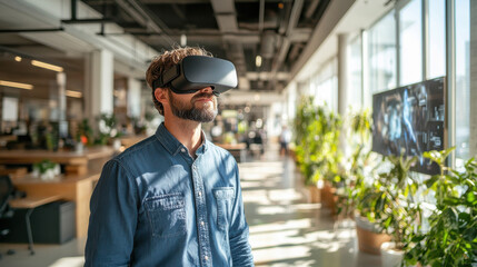 Man in blue shirt, deeply immersed in white VR virtual reality headset, stands in an open office