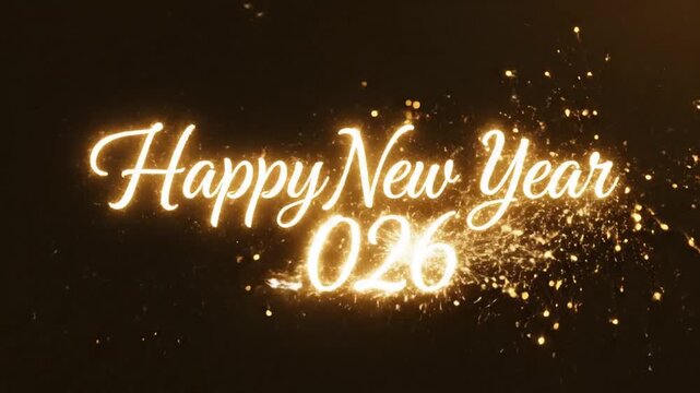 Glowing golden 'Happy New Year 2026' text with sparkling particles on a dark background, celebrating the upcoming year.