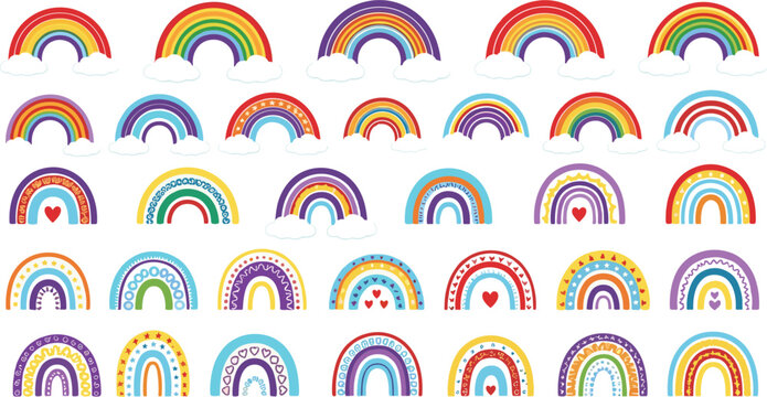 Colorful rainbow vector icon set with clouds and bohemian style patterns isolated on white background for kids nursery and cute decorative design.