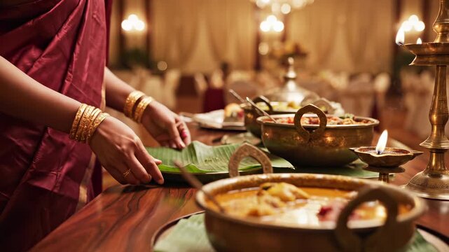 Woman serves traditional dinner with brass vessel and banana leaf at festive table. Person arranges food during traditional celebration. Woman with bangles serves dinner. Traditional meal served.