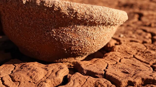 Arid Earth: A weathered ceramic bowl rests upon cracked, parched earth, conveying a story of resilience amidst an unforgiving environment.