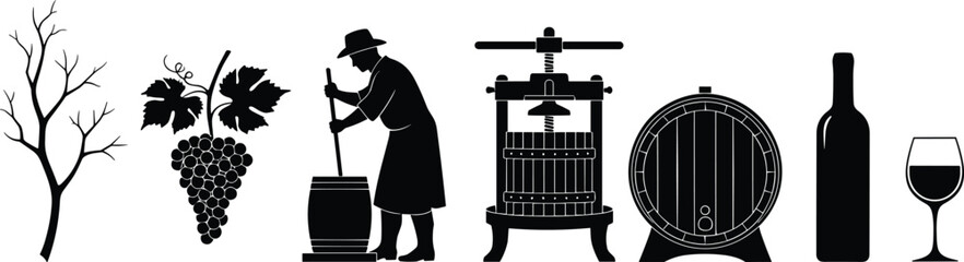 Winemaking, process, silhouette, grapevine, harvest, crush, press, barrel, bottle, glass, wine, black, white, vintage, sequence, fermentation, illustration, tradition, agriculture, production
