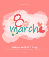 8 March poster design with lettering, women's, flowers and heart flat elements for print, postcard, social media, promo, banners and Story Design.