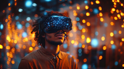 Man wearing VR goggles is immersed in digital world, surrounded by glowing lights futuristic UI in tech-driven environment