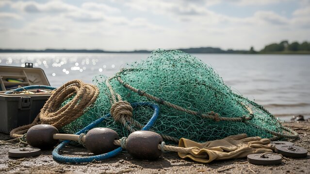 Fishing net and equipment on the shore beside a serene lake under a cloudy sky - Powered by Adobe