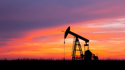 Oil Pump Jack Silhouette Against a Vibrant Sunset Sky in the Field.