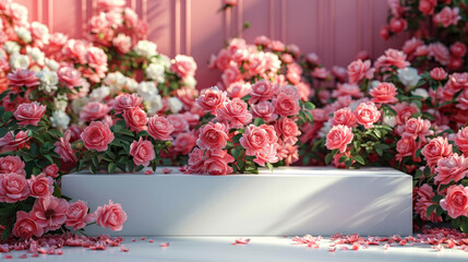Romantic floral podium pink roses and stairs in classical interior setup luxury event background