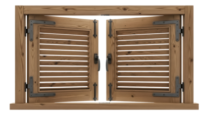 Wooden window shutters with louvers isolated PNG, rustic wood frame with metal hinges and handles on transparent background