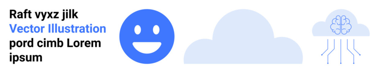 Fototapeta premium Cloud computing, artificial intelligence, data storage, emotions, digital communication, technology. happy face, cloud and brain interconnected by digital lines. Cloud computing and artificial