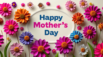 Elegant Mother's Day greeting with delicate white and pink flowers arranged around text. Soft tones and floral details create tender and loving atmosphere.