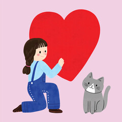 Girl with Heart and Cat Illustration