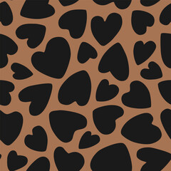 Black hearts on brown background seamless pattern. Vector illustration. Abstract heart-shaped leopard print.