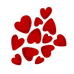 Cloud of red Valentine hearts on white background. Vector isolated illustration.
