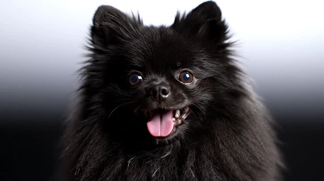 Adorable Black Pomeranian Dog with Happy Expression, Tongue Out, Studio Shot on Gradient Background, 4K Close-Up Slow Motion