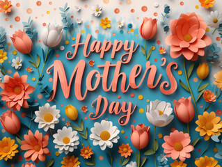 Text Mother's Day greeting with delicate white and pink flowers arranged around text. Soft tones floral details create tender loving atmosphere.