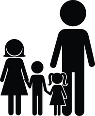 Black family silhouette icon with parents and children holding hands isolated on white background for community, parenting, and social relationship design.