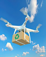 White quadcopter drone flying in blue sky carrying cardboard box with recycle symbol. Concept fast, eco-friendly delivery and modern logistics technology.