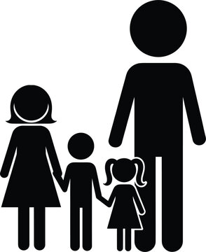 Black family silhouette icon with parents and children holding hands isolated on white background for community, parenting, and social relationship design.