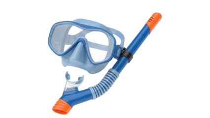 Blue and orange snorkel and diving mask isolated PNG, swimming gear for underwater exploration and recreational water sports