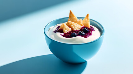Indulge in a delightful bowl filled with creamy yogurt, topped with sweet blueberry compote and crunchy tortilla chips. A tasty treat for any time of the day!