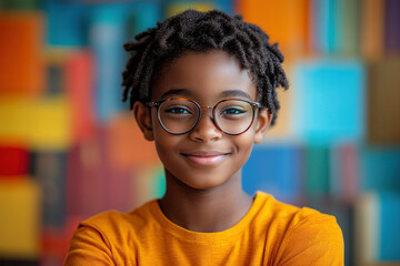 Portrait smiling one African American boy dreadlocks wearing plaid shirt and brown overalls, standing against colorful blurred background, radiating confidence and charm.