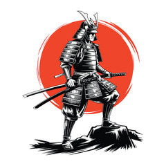 Traditional Japanese Samurai Warrior Silhouette with Red Sun Background