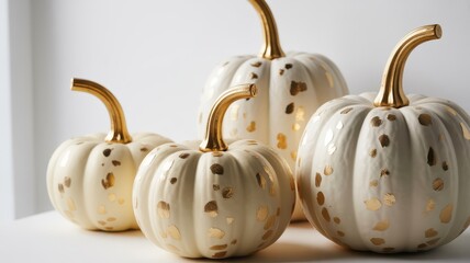 Elegant white pumpkins with gold accents on white background