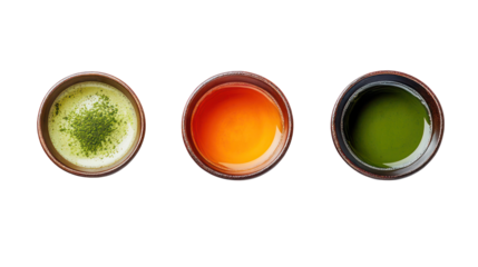 Three Japanese Winter-Only Drinks with Matcha and Roasted Tea on transparent background