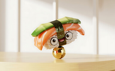 Charming animated nigiri sushi with a joyful face balancing on a reflective gold sphere