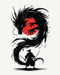 Samurai Warrior Silhouette with Majestic Dragon and Red Sun Art
