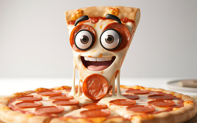 A fun and cheesy pepperoni pizza slice with a happy cartoon face melting with delight