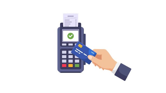 4K animation of A hand holds a blue credit card near a modern payment terminal. A receipt prints, signaling secure card payment, checkout, and seamless digital transactions at a retail counter.