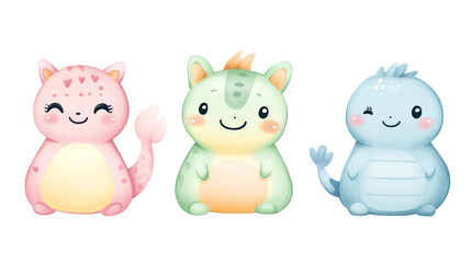 Three Kawaii Animal Characters with Pastel Colors Smiling Faces on transparent background